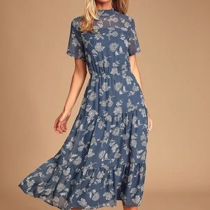 Floral Dressed Up Dusty Blue MIDI Dress (EUC)